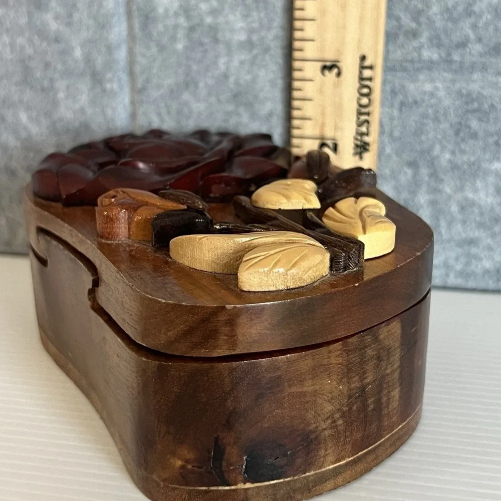 Handcrafted Wooden Floral Puzzle Box with Carved Rose and Red Velvet Lining